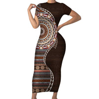 Fijian Masi Tribal Tattoos Art Pattern Family Matching Short Sleeve Bodycon Dress and Hawaiian Shirt Brown Color Half Style LT03 Mom's Dress Brown - Polynesian Pride