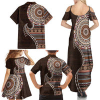 Fijian Masi Tribal Tattoos Art Pattern Family Matching Summer Maxi Dress and Hawaiian Shirt Brown Color Half Style LT03 - Polynesian Pride