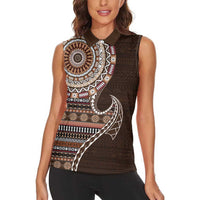 Fijian Masi Tribal Tattoos Art Pattern Women Sleeveless Polo Shirt Brown Color Half Style LT03 - Polynesian Pride