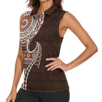 Fijian Masi Tribal Tattoos Art Pattern Women Sleeveless Polo Shirt Brown Color Half Style LT03 - Polynesian Pride