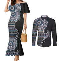 Fijian Masi Tribal Tattoos Art Pattern Couples Matching Mermaid Dress and Long Sleeve Button Shirt Navy Color Half Style LT03 Navy - Polynesian Pride