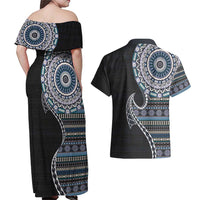Fijian Masi Tribal Tattoos Art Pattern Couples Matching Off Shoulder Maxi Dress and Hawaiian Shirt Navy Color Half Style LT03 - Polynesian Pride