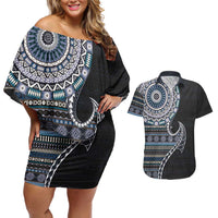 Fijian Masi Tribal Tattoos Art Pattern Couples Matching Off Shoulder Short Dress and Hawaiian Shirt Navy Color Half Style LT03 Navy - Polynesian Pride