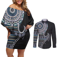 Fijian Masi Tribal Tattoos Art Pattern Couples Matching Off Shoulder Short Dress and Long Sleeve Button Shirt Navy Color Half Style LT03 Navy - Polynesian Pride