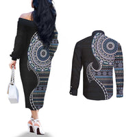 Fijian Masi Tribal Tattoos Art Pattern Couples Matching Off The Shoulder Long Sleeve Dress and Long Sleeve Button Shirt Navy Color Half Style LT03 - Polynesian Pride