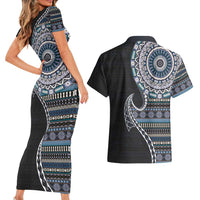 Fijian Masi Tribal Tattoos Art Pattern Couples Matching Short Sleeve Bodycon Dress and Hawaiian Shirt Navy Color Half Style LT03 - Polynesian Pride