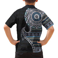 Fijian Masi Tribal Tattoos Art Pattern Family Matching Long Sleeve Bodycon Dress and Hawaiian Shirt Navy Color Half Style LT03 - Polynesian Pride