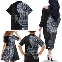 Fijian Masi Tribal Tattoos Art Pattern Family Matching Off The Shoulder Long Sleeve Dress and Hawaiian Shirt Navy Color Half Style LT03 - Polynesian Pride