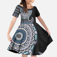 Fijian Masi Tribal Tattoos Art Pattern Family Matching Short Sleeve Bodycon Dress and Hawaiian Shirt Navy Color Half Style LT03 Daughter's Dress Navy - Polynesian Pride
