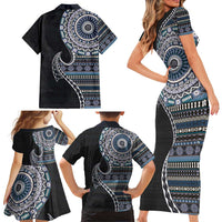 Fijian Masi Tribal Tattoos Art Pattern Family Matching Short Sleeve Bodycon Dress and Hawaiian Shirt Navy Color Half Style LT03 - Polynesian Pride
