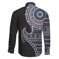 Fijian Masi Tribal Tattoos Art Pattern Family Matching Short Sleeve Bodycon Dress and Hawaiian Shirt Navy Color Half Style LT03 - Polynesian Pride