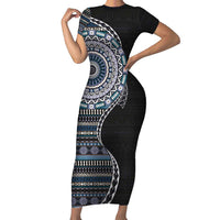 Fijian Masi Tribal Tattoos Art Pattern Family Matching Short Sleeve Bodycon Dress and Hawaiian Shirt Navy Color Half Style LT03 Mom's Dress Navy - Polynesian Pride