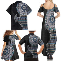 Fijian Masi Tribal Tattoos Art Pattern Family Matching Summer Maxi Dress and Hawaiian Shirt Navy Color Half Style LT03 - Polynesian Pride