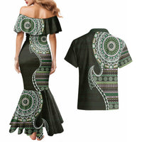 Fijian Masi Tribal Tattoos Art Pattern Couples Matching Mermaid Dress and Hawaiian Shirt Green Color Half Style LT03 - Polynesian Pride