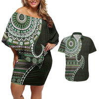 Fijian Masi Tribal Tattoos Art Pattern Couples Matching Off Shoulder Short Dress and Hawaiian Shirt Green Color Half Style LT03 Green - Polynesian Pride