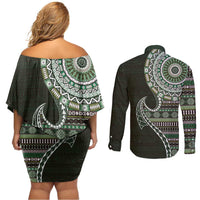 Fijian Masi Tribal Tattoos Art Pattern Couples Matching Off Shoulder Short Dress and Long Sleeve Button Shirt Green Color Half Style LT03 - Polynesian Pride