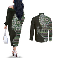 Fijian Masi Tribal Tattoos Art Pattern Couples Matching Off The Shoulder Long Sleeve Dress and Long Sleeve Button Shirt Green Color Half Style LT03 - Polynesian Pride