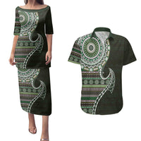 Fijian Masi Tribal Tattoos Art Pattern Couples Matching Puletasi and Hawaiian Shirt Green Color Half Style LT03 Green - Polynesian Pride