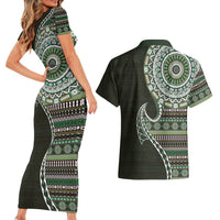 Fijian Masi Tribal Tattoos Art Pattern Couples Matching Short Sleeve Bodycon Dress and Hawaiian Shirt Green Color Half Style LT03 - Polynesian Pride