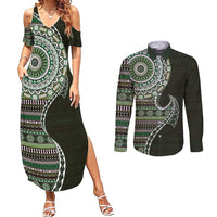 Fijian Masi Tribal Tattoos Art Pattern Couples Matching Summer Maxi Dress and Long Sleeve Button Shirt Green Color Half Style LT03 Green - Polynesian Pride