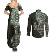 Fijian Masi Tribal Tattoos Art Pattern Couples Matching Summer Maxi Dress and Long Sleeve Button Shirt Green Color Half Style LT03 - Polynesian Pride