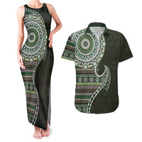 Fijian Masi Tribal Tattoos Art Pattern Couples Matching Tank Maxi Dress and Hawaiian Shirt Green Color Half Style LT03 Green - Polynesian Pride