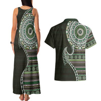Fijian Masi Tribal Tattoos Art Pattern Couples Matching Tank Maxi Dress and Hawaiian Shirt Green Color Half Style LT03 - Polynesian Pride