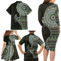 Fijian Masi Tribal Tattoos Art Pattern Family Matching Long Sleeve Bodycon Dress and Hawaiian Shirt Green Color Half Style LT03 - Polynesian Pride