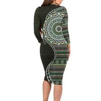 Fijian Masi Tribal Tattoos Art Pattern Family Matching Long Sleeve Bodycon Dress and Hawaiian Shirt Green Color Half Style LT03 - Polynesian Pride