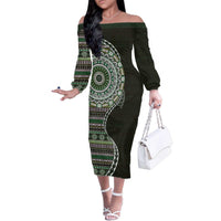 Fijian Masi Tribal Tattoos Art Pattern Family Matching Off The Shoulder Long Sleeve Dress and Hawaiian Shirt Green Color Half Style LT03 Mom's Dress Green - Polynesian Pride