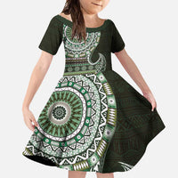 Fijian Masi Tribal Tattoos Art Pattern Family Matching Off Shoulder Maxi Dress and Hawaiian Shirt Green Color Half Style LT03 Daughter's Dress Green - Polynesian Pride