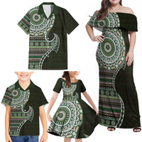 Fijian Masi Tribal Tattoos Art Pattern Family Matching Off Shoulder Maxi Dress and Hawaiian Shirt Green Color Half Style LT03 - Polynesian Pride
