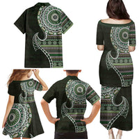Fijian Masi Tribal Tattoos Art Pattern Family Matching Puletasi and Hawaiian Shirt Green Color Half Style LT03 - Polynesian Pride
