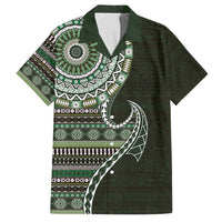 Fijian Masi Tribal Tattoos Art Pattern Family Matching Puletasi and Hawaiian Shirt Green Color Half Style LT03 Dad's Shirt - Short Sleeve Green - Polynesian Pride