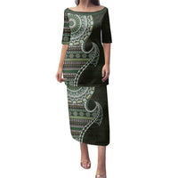 Fijian Masi Tribal Tattoos Art Pattern Family Matching Puletasi and Hawaiian Shirt Green Color Half Style LT03 Mom's Dress Green - Polynesian Pride