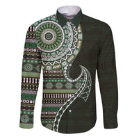 Fijian Masi Tribal Tattoos Art Pattern Family Matching Short Sleeve Bodycon Dress and Hawaiian Shirt Green Color Half Style LT03 Dad's Shirt - Long Sleeve Green - Polynesian Pride