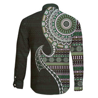 Fijian Masi Tribal Tattoos Art Pattern Family Matching Short Sleeve Bodycon Dress and Hawaiian Shirt Green Color Half Style LT03 - Polynesian Pride