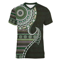 Fijian Masi Tribal Tattoos Art Pattern Women V-Neck T-Shirt Green Color Half Style LT03 Female Green - Polynesian Pride