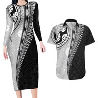 Fijian Masi Tattoos Couples Matching Long Sleeve Bodycon Dress and Hawaiian Shirt with Tapa Tribal Pattern LT03 White - Polynesian Pride