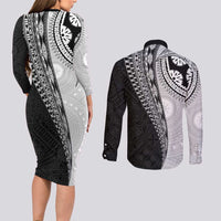 Fijian Masi Tattoos Couples Matching Long Sleeve Bodycon Dress and Long Sleeve Button Shirt with Tapa Tribal Pattern LT03 - Polynesian Pride