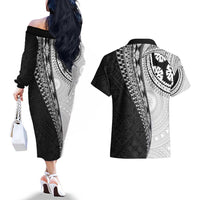 Fijian Masi Tattoos Couples Matching Off The Shoulder Long Sleeve Dress and Hawaiian Shirt with Tapa Tribal Pattern LT03 - Polynesian Pride