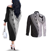 Fijian Masi Tattoos Couples Matching Off The Shoulder Long Sleeve Dress and Long Sleeve Button Shirt with Tapa Tribal Pattern LT03 - Polynesian Pride