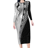 Fijian Masi Tattoos Family Matching Long Sleeve Bodycon Dress and Hawaiian Shirt with Tapa Tribal Pattern LT03 Mom's Dress White - Polynesian Pride
