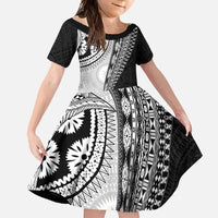 Fijian Masi Tattoos Family Matching Off Shoulder Maxi Dress and Hawaiian Shirt with Tapa Tribal Pattern LT03 Daughter's Dress White - Polynesian Pride