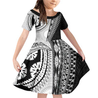 Fijian Masi Tattoos Family Matching Off Shoulder Short Dress and Hawaiian Shirt with Tapa Tribal Pattern LT03 Daughter's Dress White - Polynesian Pride