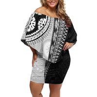 Fijian Masi Tattoos Family Matching Off Shoulder Short Dress and Hawaiian Shirt with Tapa Tribal Pattern LT03 Mom's Dress White - Polynesian Pride