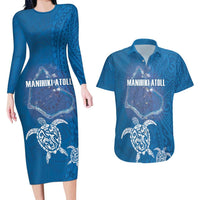 Cook Islands Manihiki Atoll Couples Matching Long Sleeve Bodycon Dress and Hawaiian Shirt Maori Turtle and Polynesian Pattern LT03 Blue - Polynesian Pride