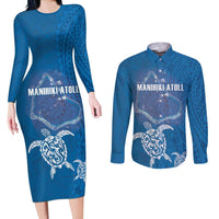 Cook Islands Manihiki Atoll Couples Matching Long Sleeve Bodycon Dress and Long Sleeve Button Shirt Maori Turtle and Polynesian Pattern LT03 Blue - Polynesian Pride