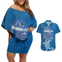 Cook Islands Manihiki Atoll Couples Matching Off Shoulder Short Dress and Hawaiian Shirt Maori Turtle and Polynesian Pattern LT03 Blue - Polynesian Pride