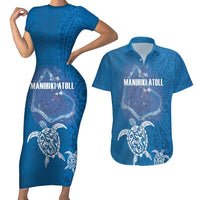 Cook Islands Manihiki Atoll Couples Matching Short Sleeve Bodycon Dress and Hawaiian Shirt Maori Turtle and Polynesian Pattern LT03 Blue - Polynesian Pride